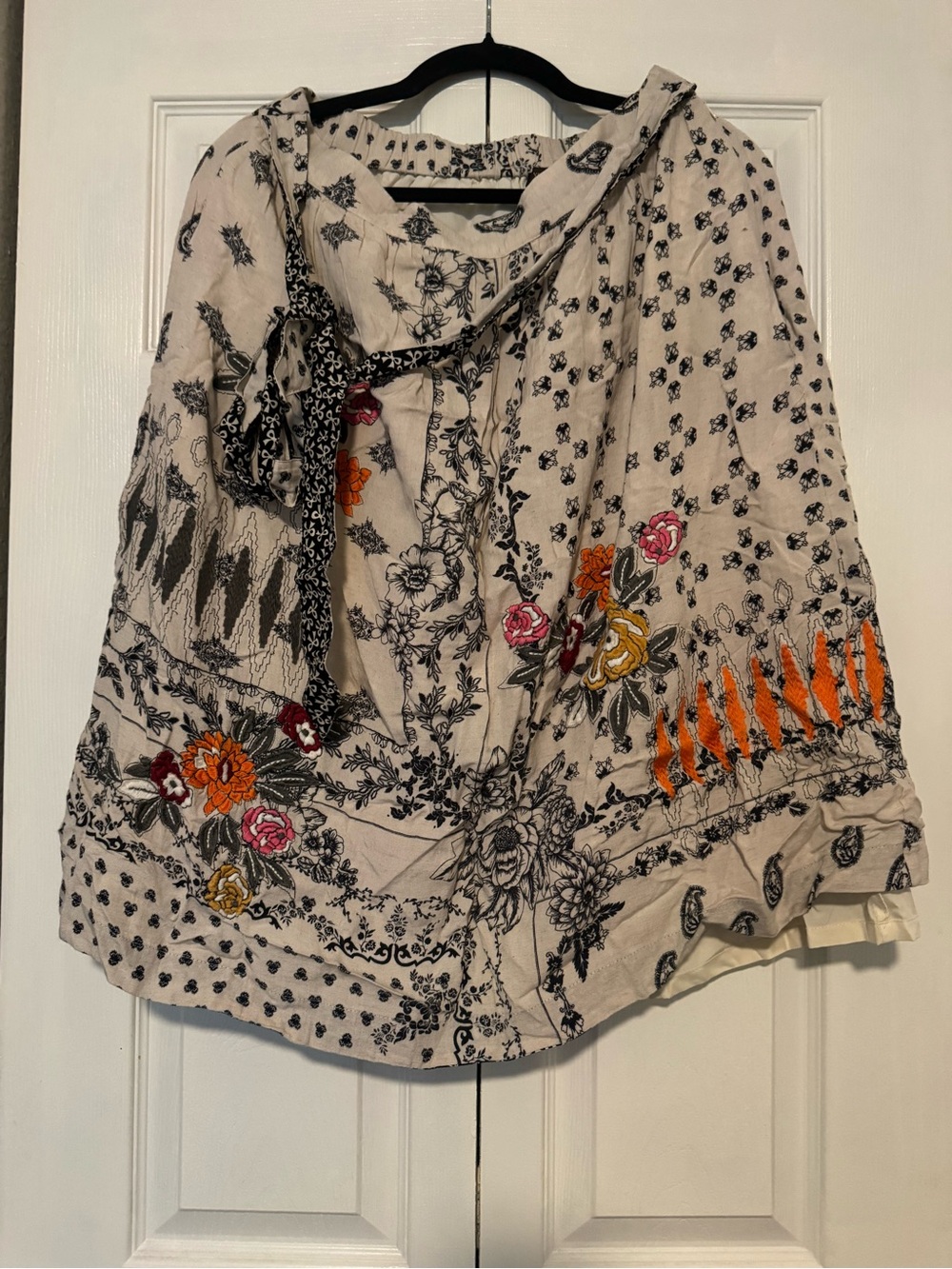 Embroidered Floral Midi Skirt - Cream with Orange & Pink Accents